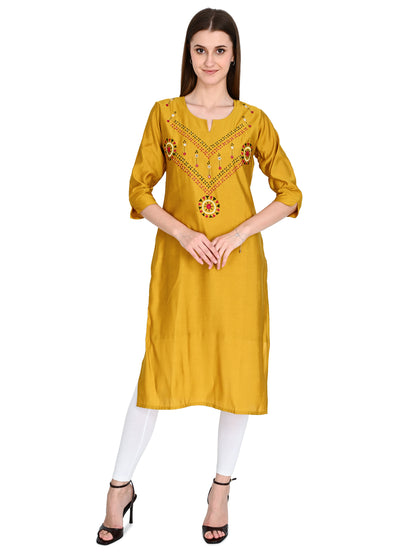 Roman Silk Embroidered Yellow Kurta