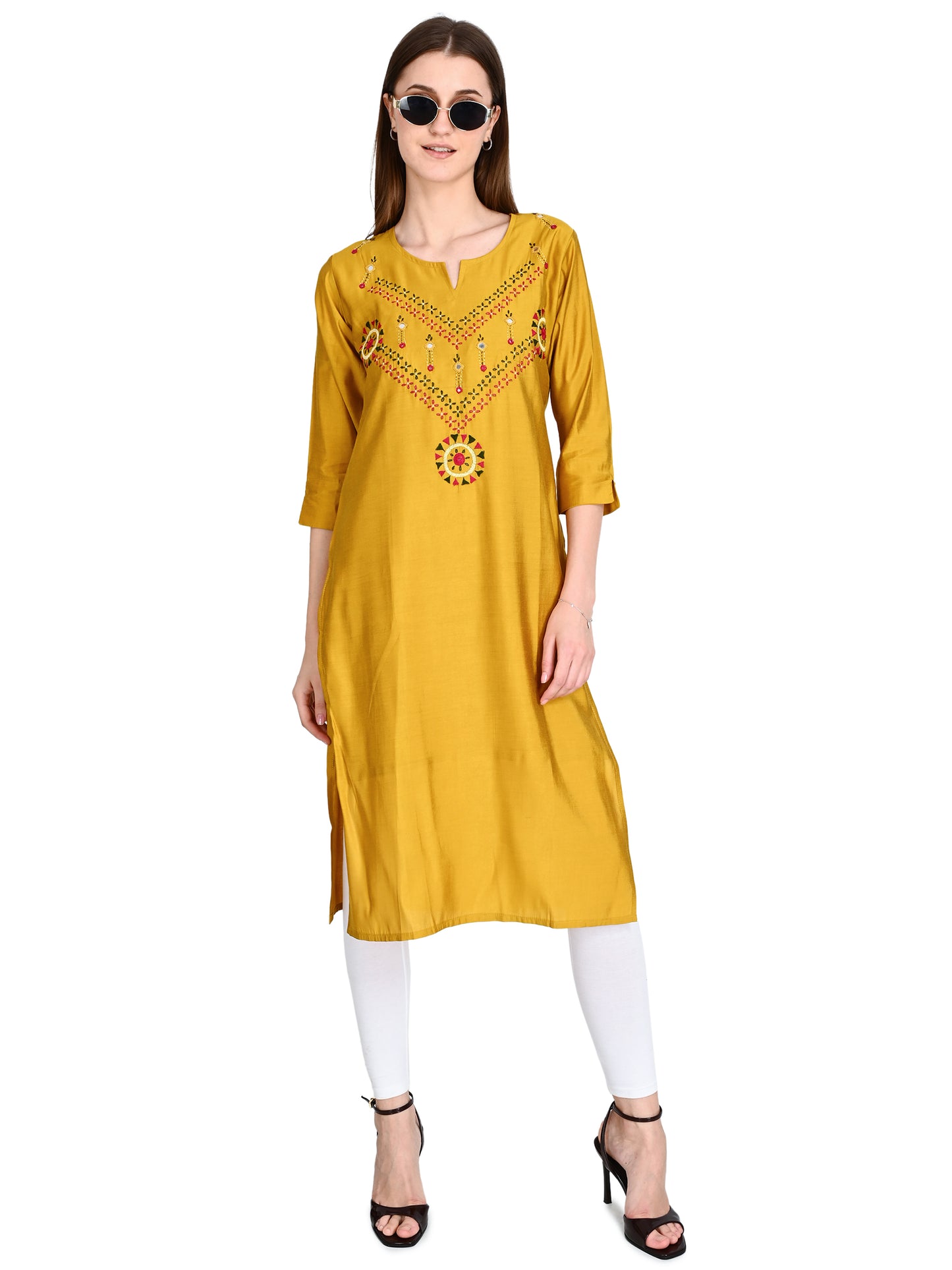 Roman Silk Embroidered Yellow Kurta
