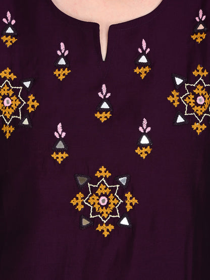 Roman Wine Silk Embroidered Kurta