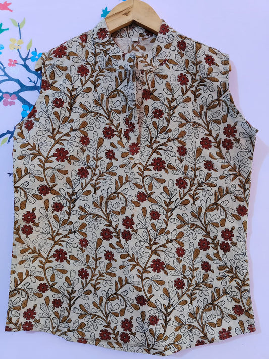 Beige Printed Cotton Short Kurti For Jeans