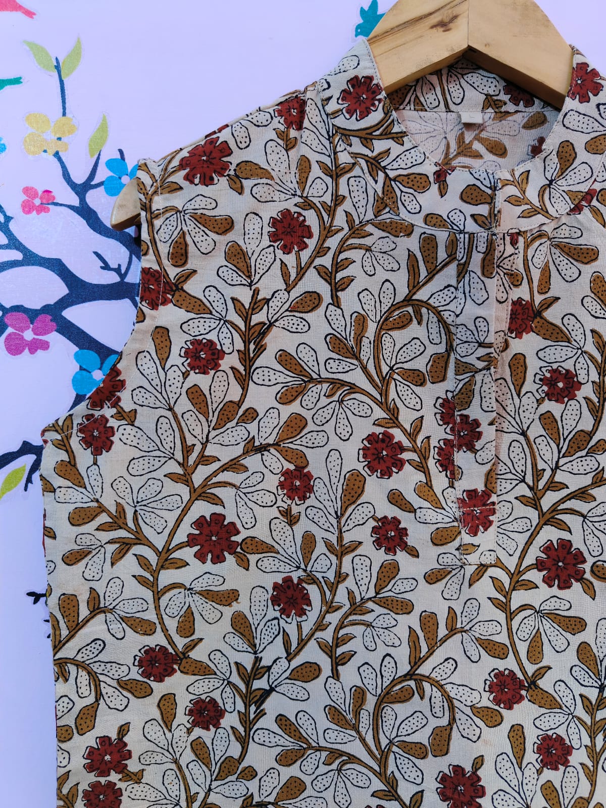 Beige Printed Cotton Short Kurti For Jeans