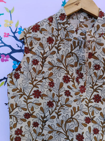 Beige Printed Cotton Short Kurti For Jeans