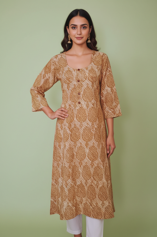 Beige Printed Cotton Kurta For Women