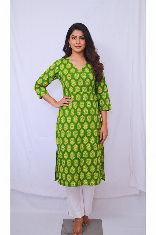 Green Block Print Cotton Kurta