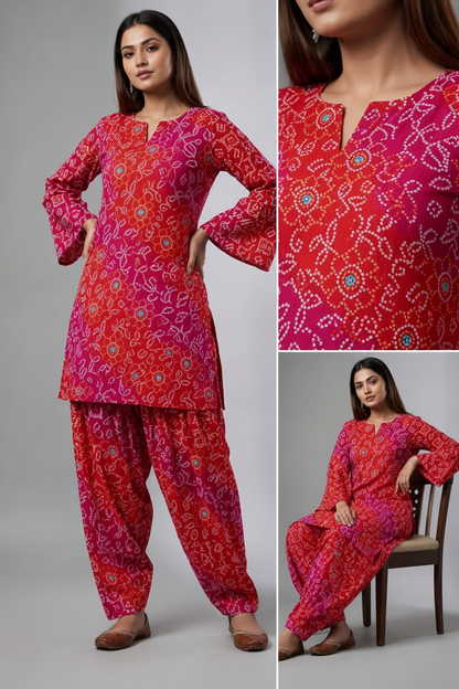 Bandhej Print Kurta Pant Set for Women