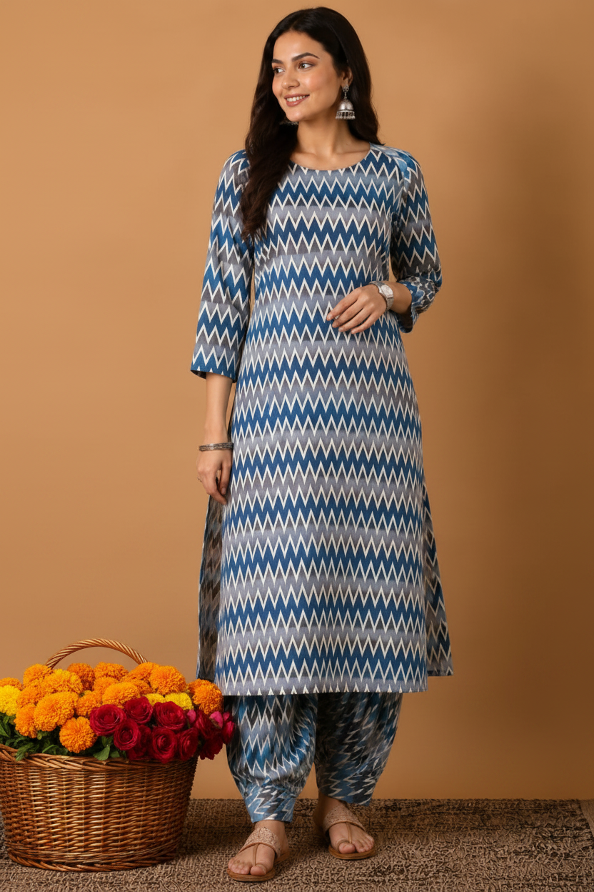 Geometry Print Kurta Pant Set for Women