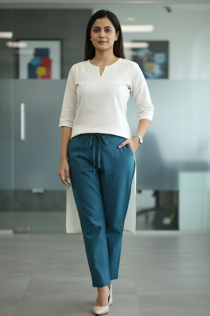 Everyday Teal Blue Cotton Pant For Women