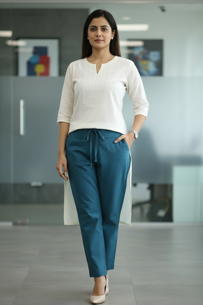 Everyday Teal Blue Cotton Pant For Women