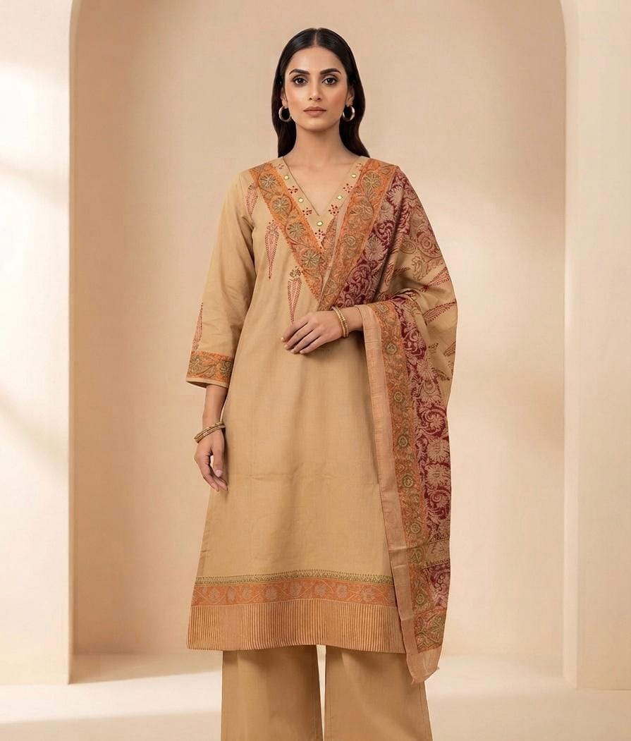 Flex Cotton Kalamkari Block Print Kurta, Pants & Dupatta Set
