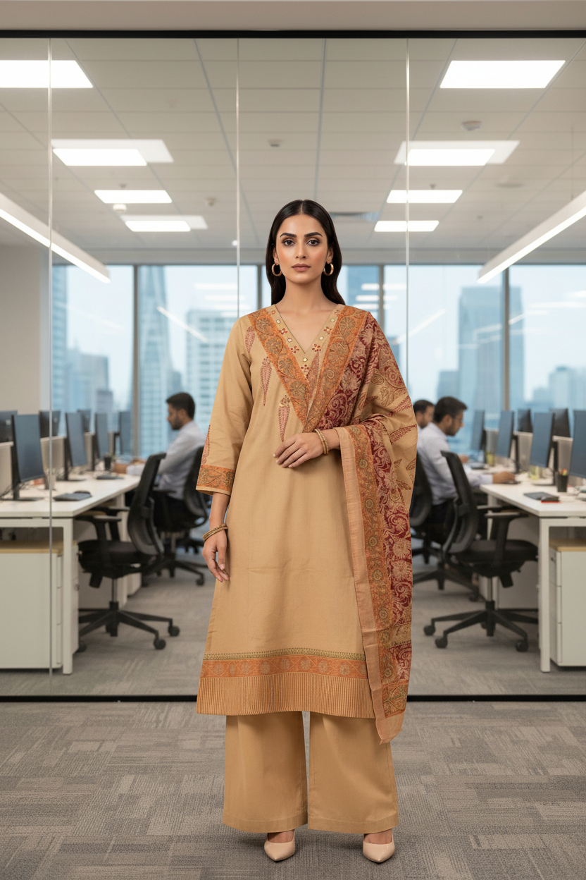 Flex Cotton Kalamkari Block Print Kurta, Pants & Dupatta Set