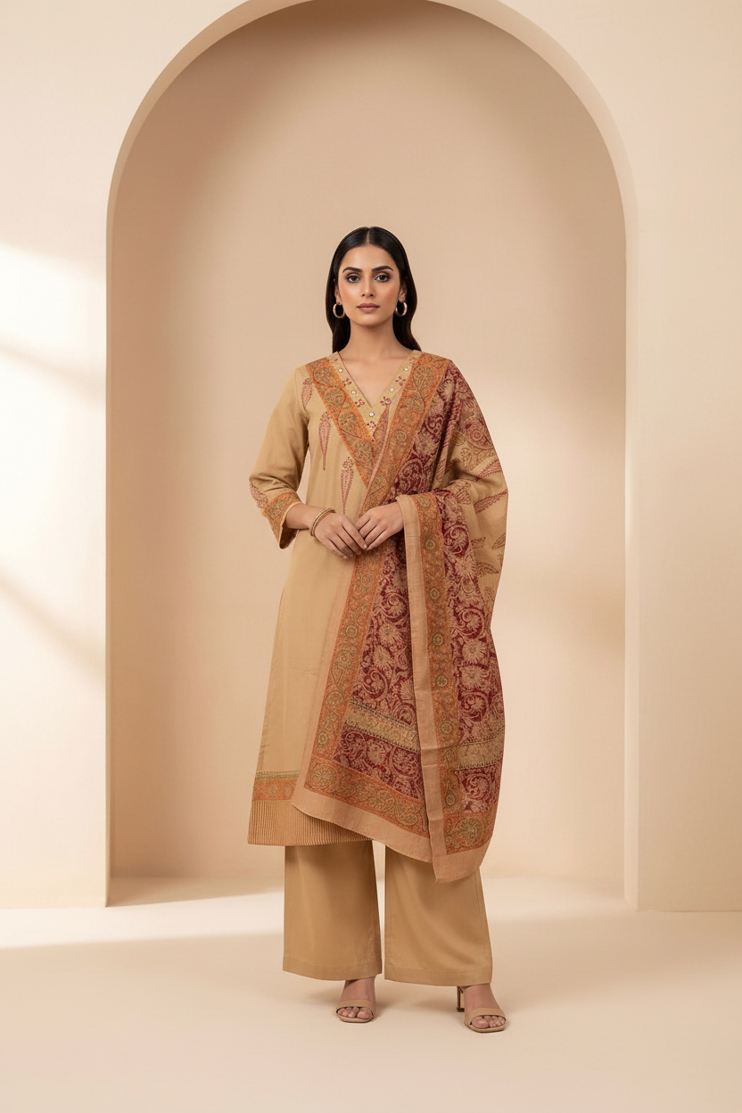 Flex Cotton Kalamkari Block Print Kurta, Pants & Dupatta Set