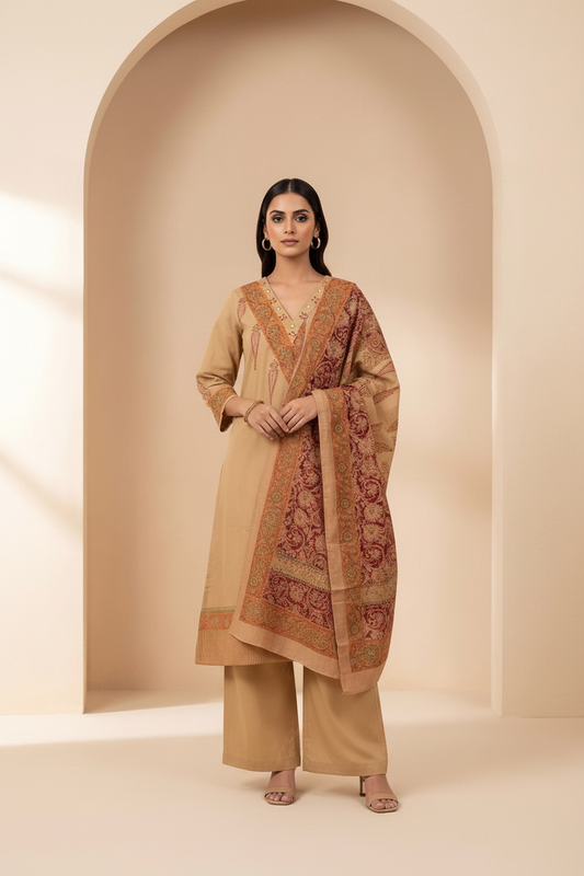 Flex Cotton Kalamkari Block Print Kurta, Pants & Dupatta Set
