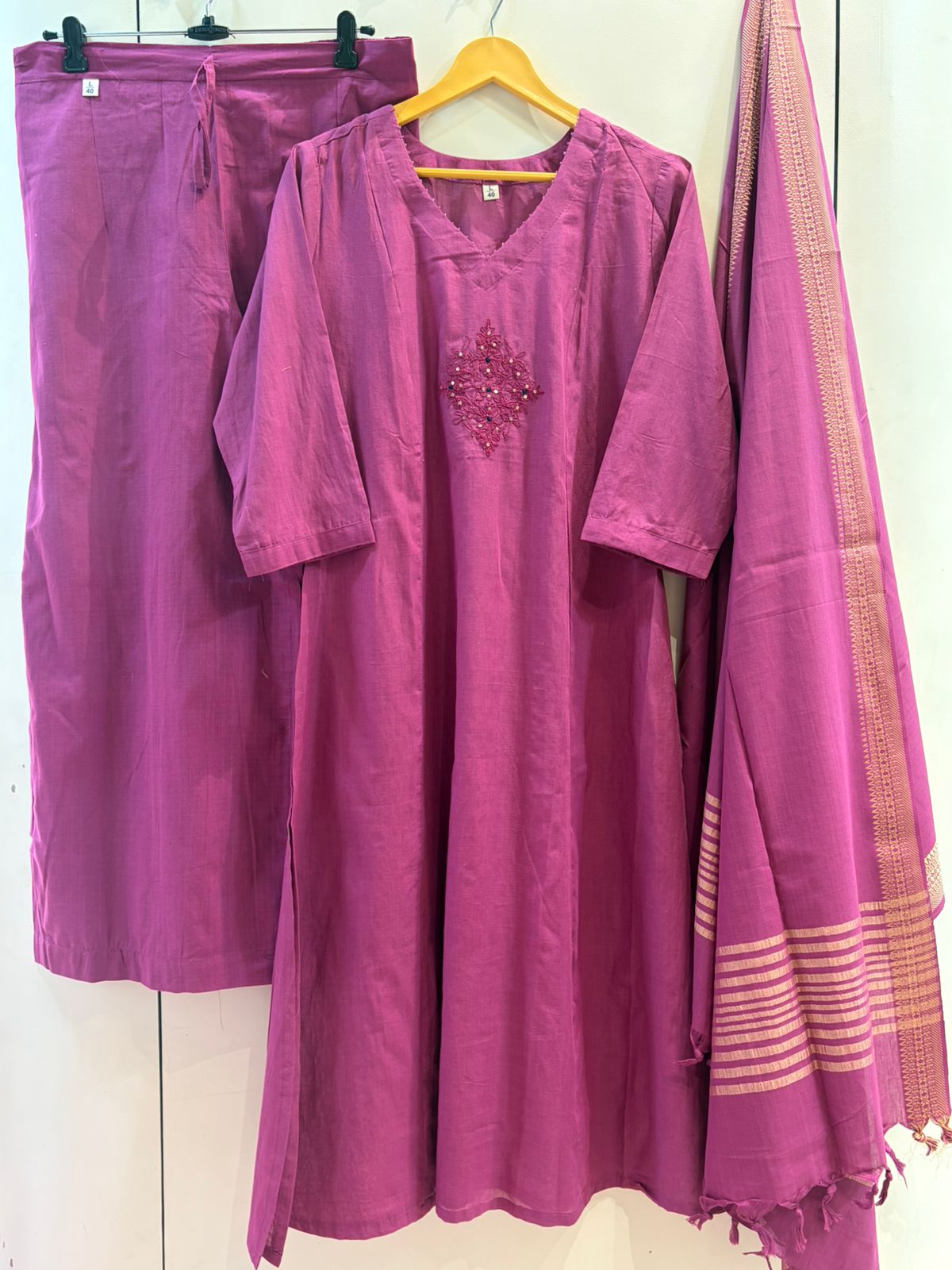 Handloom Cotton Kurta, Pants & Dupatta Set
