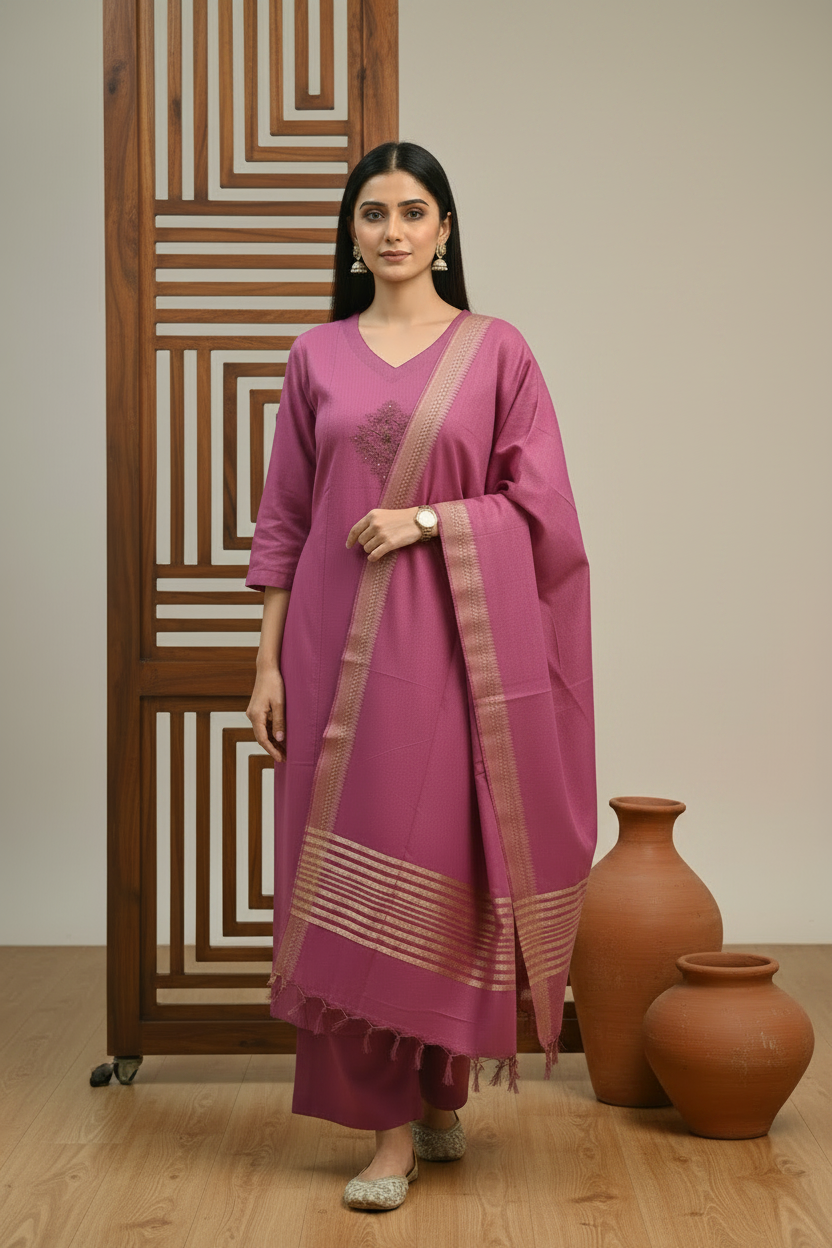 Handloom Cotton Kurta, Pants & Dupatta Set