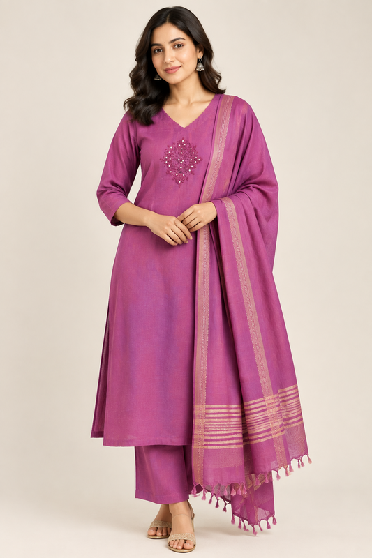 Handloom Cotton Kurta, Pants & Dupatta Set