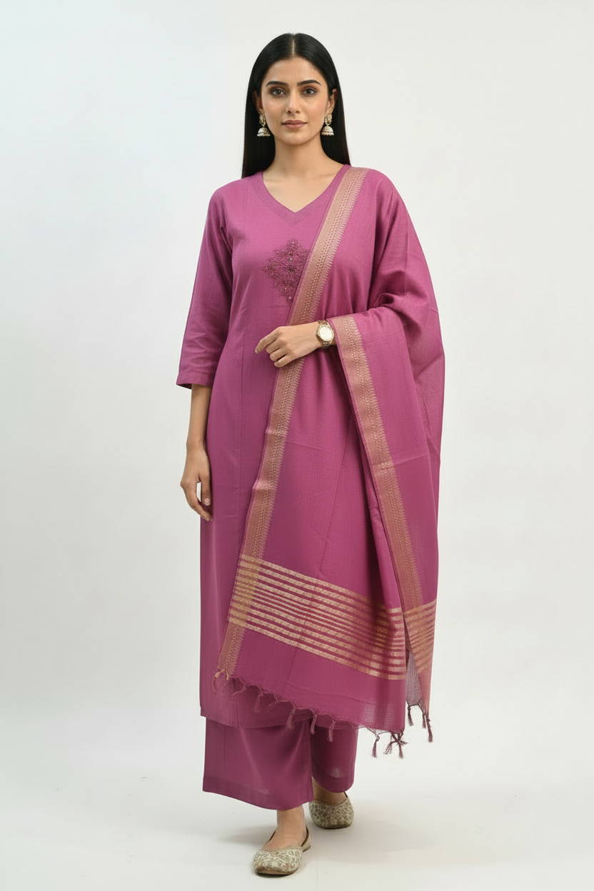 Handloom Cotton Kurta, Pants & Dupatta Set
