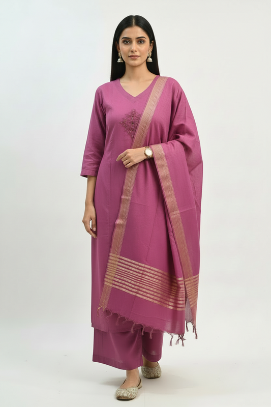 Handloom Cotton Kurta, Pants & Dupatta Set