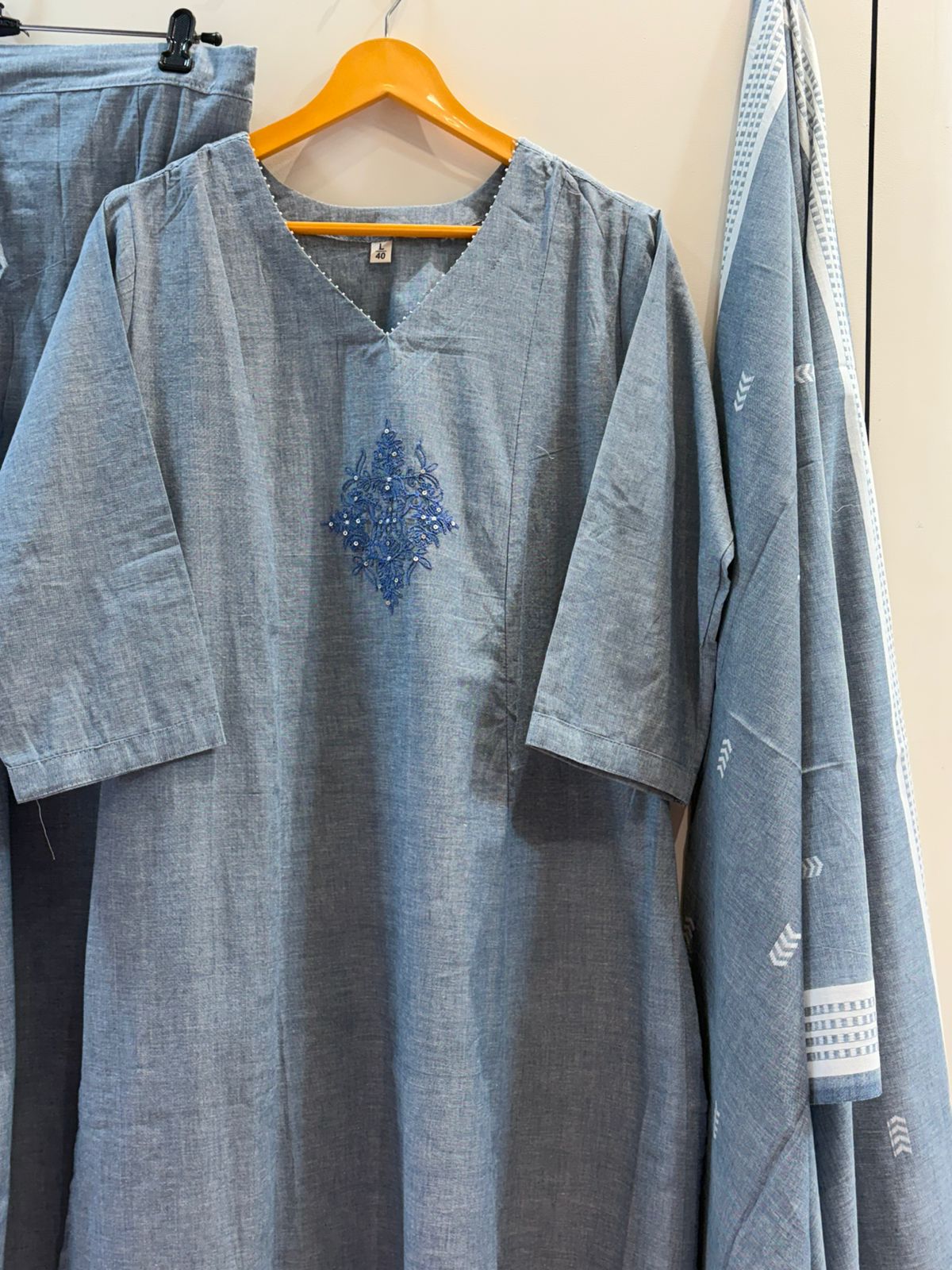 Handloom Cotton Kurta, Pants & Dupatta Set