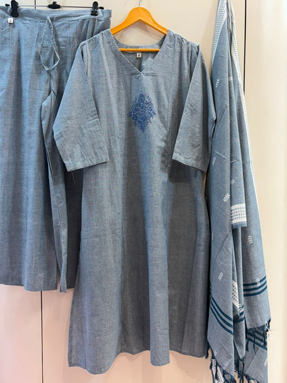 Handloom Cotton Kurta, Pants & Dupatta Set