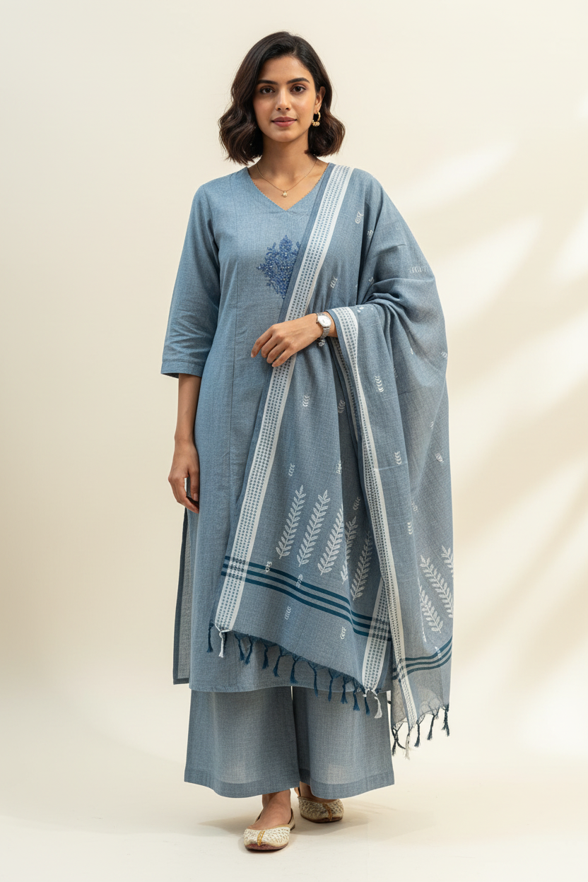 Handloom Cotton Kurta, Pants & Dupatta Set