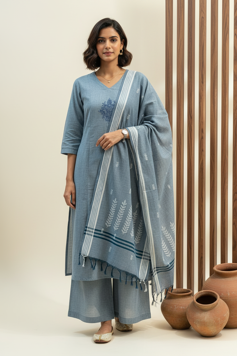 Handloom Cotton Kurta, Pants & Dupatta Set