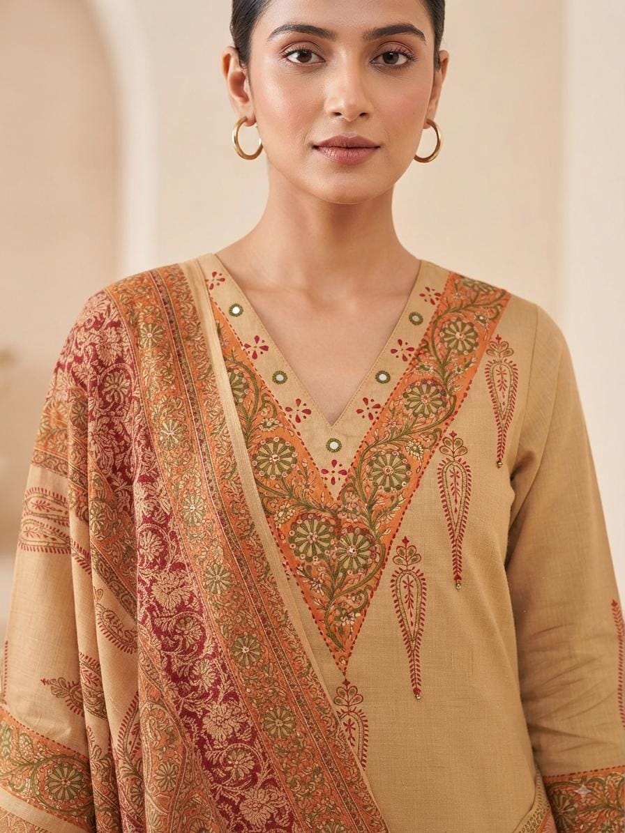Flex Cotton Kalamkari Block Print Kurta, Pants & Dupatta Set