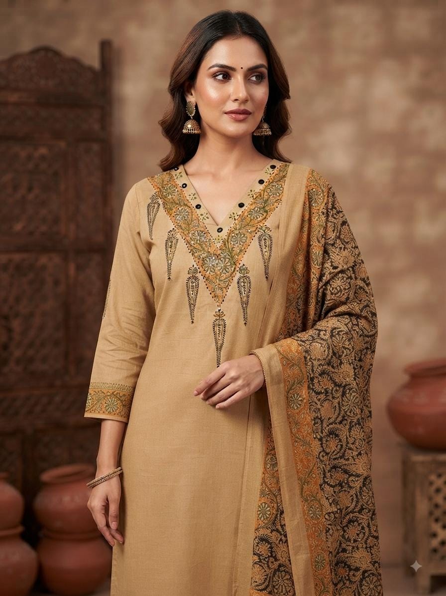 Flex Cotton Kalamkari Block Print Kurta, Pants & Dupatta Set