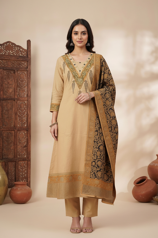 Flex Cotton Kalamkari Block Print Kurta, Pants & Dupatta Set