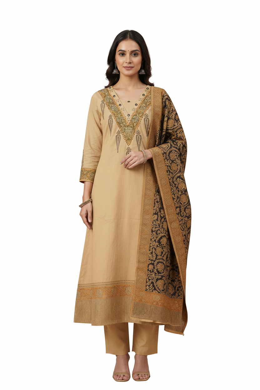 Flex Cotton Kalamkari Block Print Kurta, Pants & Dupatta Set