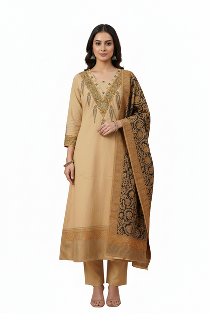 Flex Cotton Kalamkari Block Print Kurta, Pants & Dupatta Set