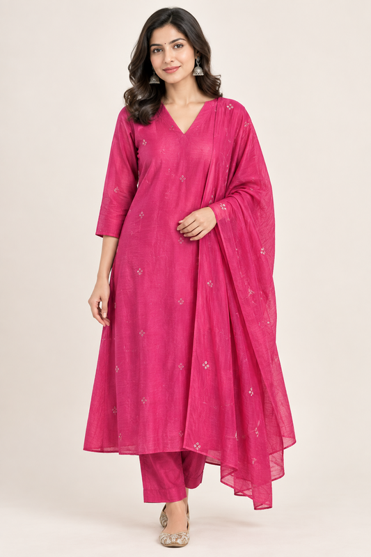 Aradhana Mul Chanderi Kurta, Pants & Dupatta Set