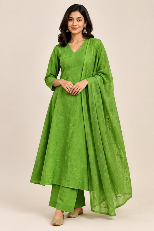 Aradhana Mul Chanderi Kurta, Pants & Dupatta Set