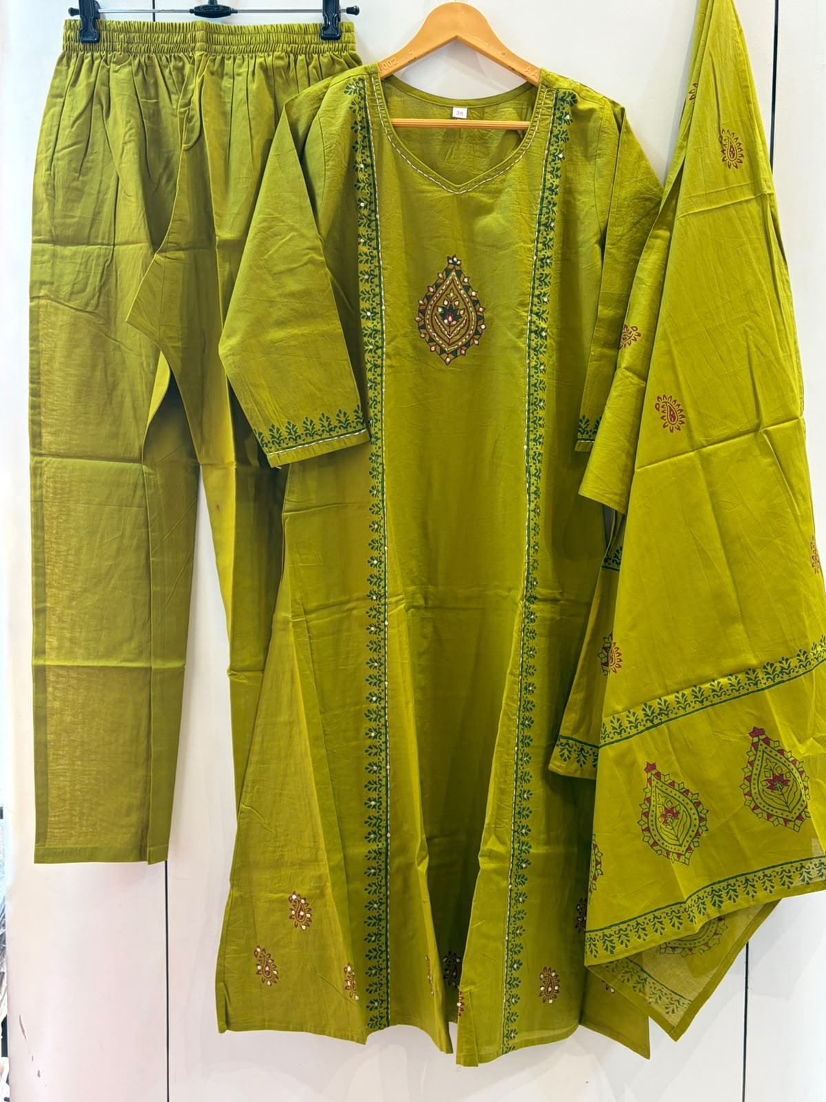 Handloom Cotton Kurta, Pants & Dupatta Set
