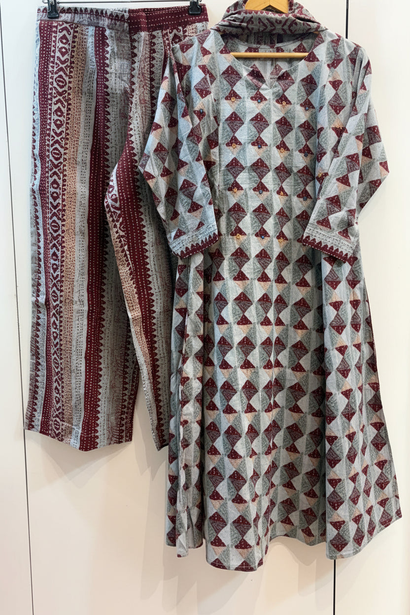 Block Print Handloom Cotton Kurta, Pants & Dupatta Set