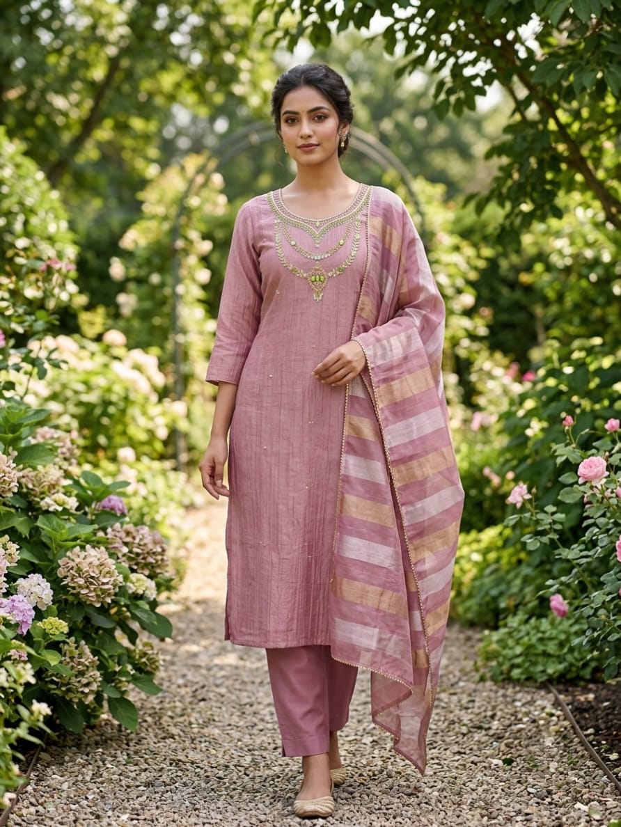 Premium Crush Tissue Kurti Set with Zardosi Handwork & Pure Jacquard Dupatta