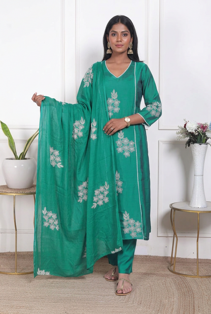 Aarya Mul Chanderi Kurta, Pants & Dupatta Set