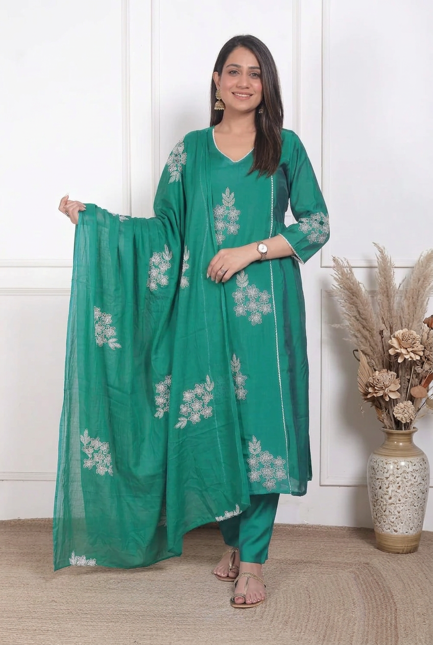 Aarya Mul Chanderi Kurta, Pants & Dupatta Set