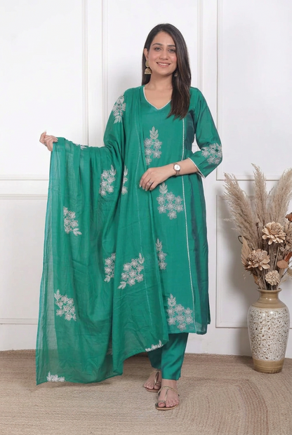 Aarya Mul Chanderi Kurta, Pants & Dupatta Set