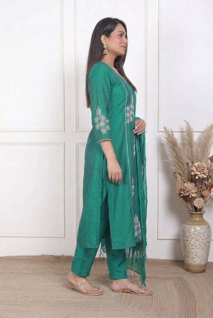 Aarya Mul Chanderi Kurta, Pants & Dupatta Set
