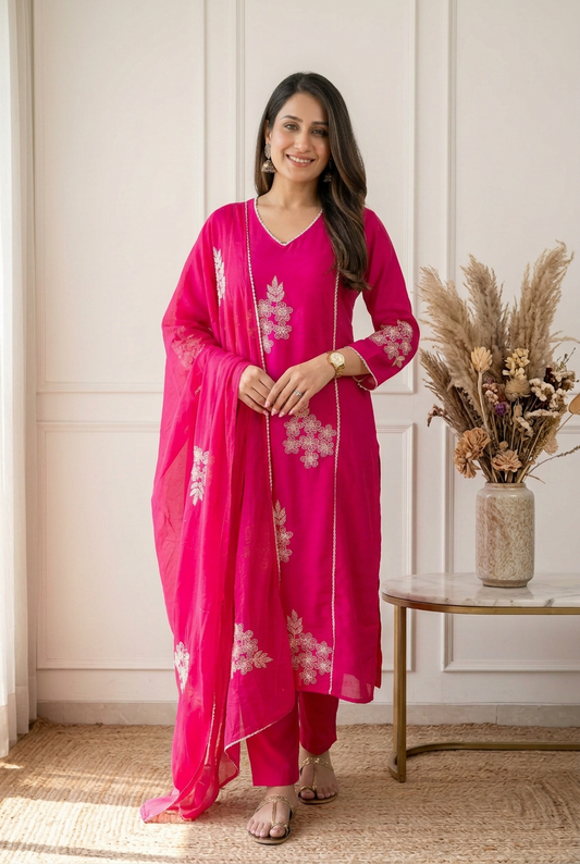 Aarya Mul Chanderi Kurta, Pants & Dupatta Set