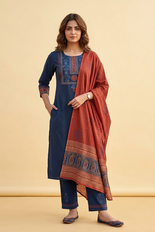 Dhabhu Cotton Kurta, Pants & Dupatta Set