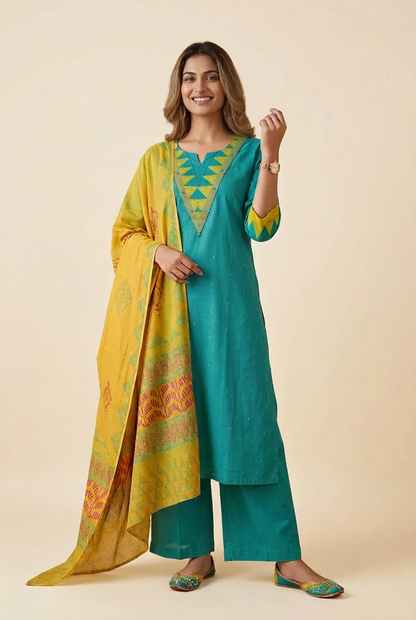Jaya Jamdani Cotton Kurta, Pants & Dupatta Set