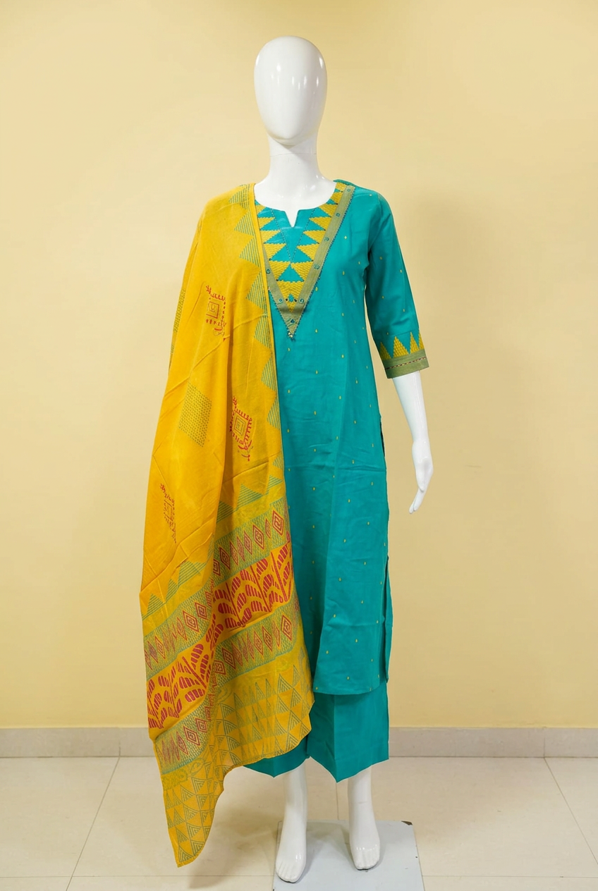 Jaya Jamdani Cotton Kurta, Pants & Dupatta Set