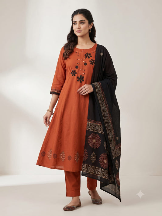 Dhabhu Cotton Kurta, Plazo & Dupatta Set