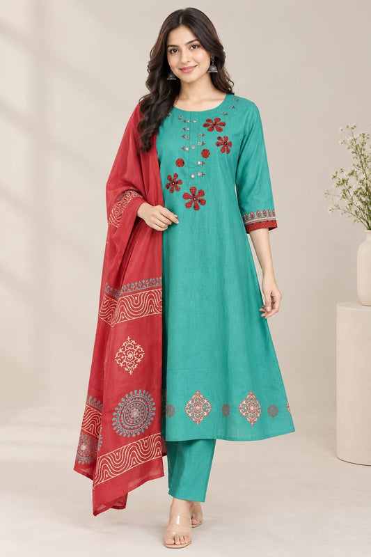 Dhabhu Cotton Kurta, Plazo & Dupatta Set