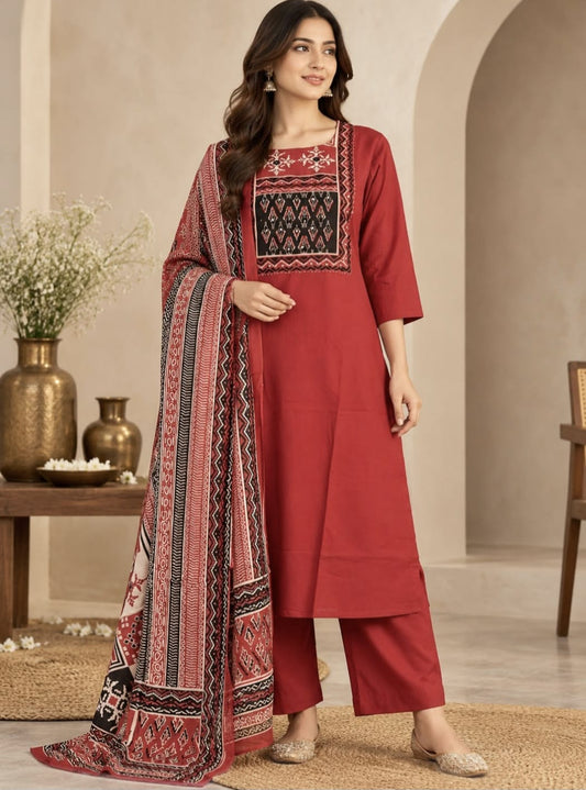 Dhabhu Cotton Kurta, Plazo & Dupatta Set