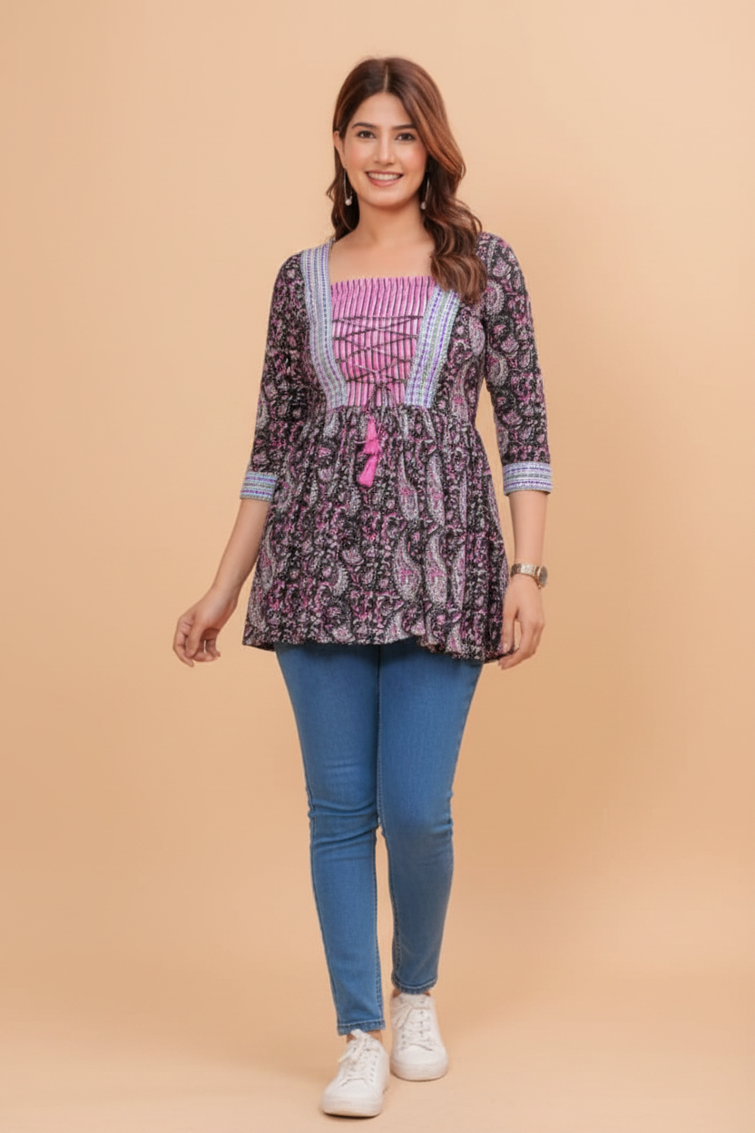 Pink Organic Cotton Frill Short Kurti