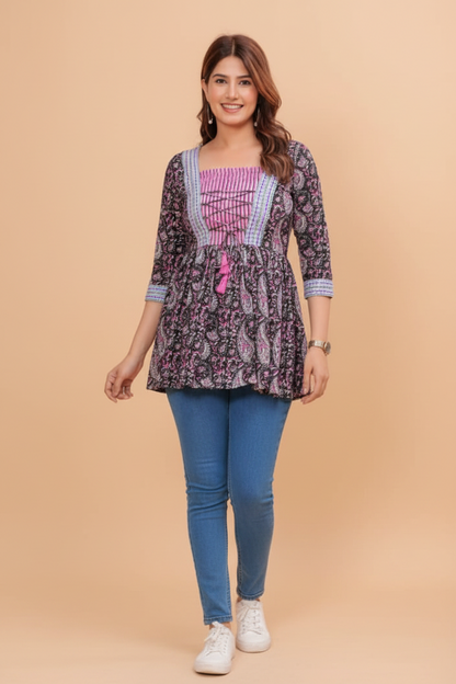 Pink Organic Cotton Frill Short Kurti