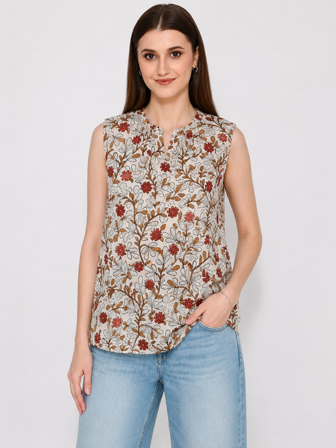 Beige Printed Cotton Short Kurti For Jeans