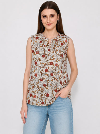 Beige Printed Cotton Short Kurti For Jeans